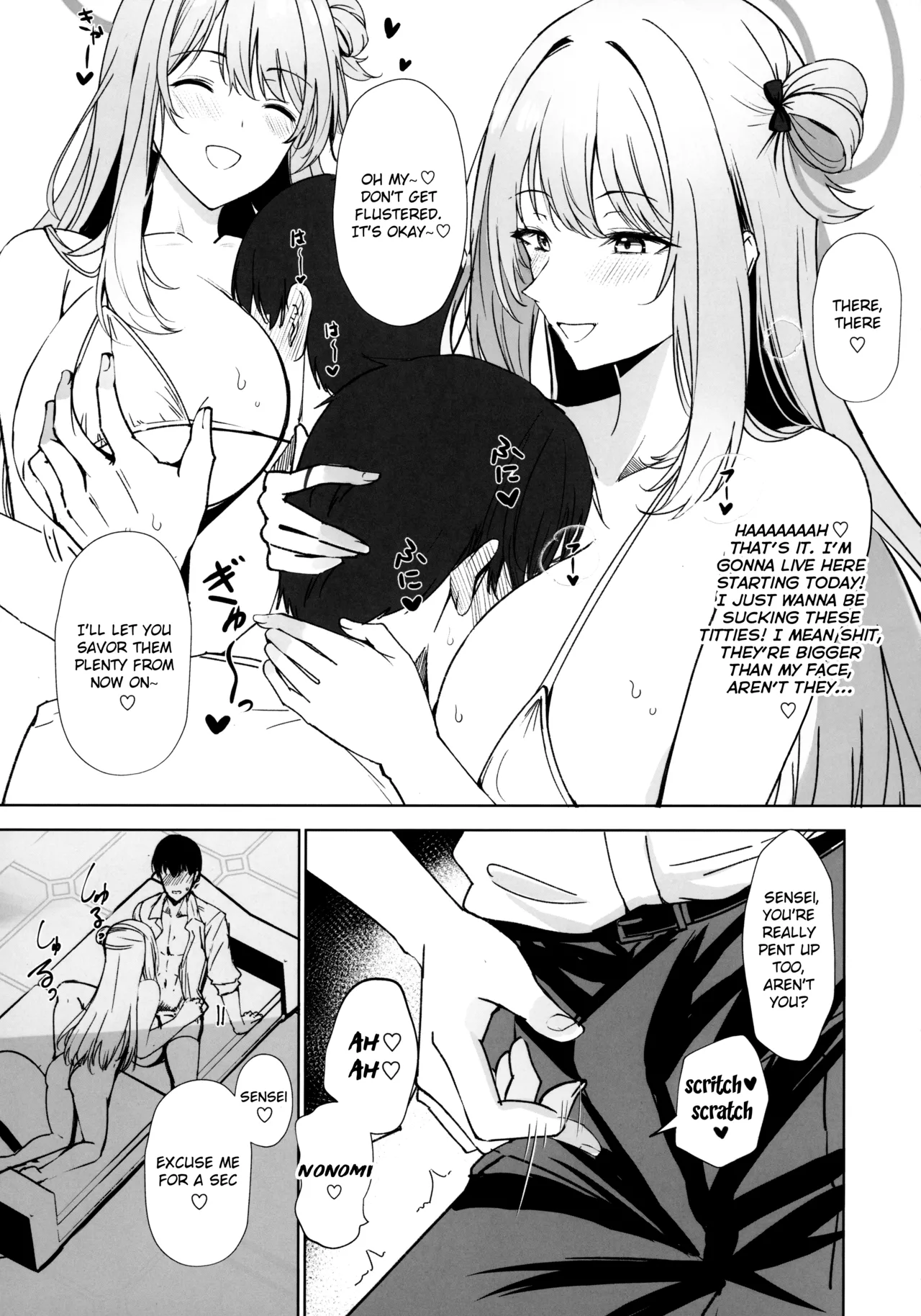 Koukando Saidai M Cup Dekapai Bisyoujo no Zenkoutei Ichaama Namahame Koubi de Sensei ga Kizetsu Suru Made Seishi Shibori Torareru Hon | Max Affection A Book in which Sensei Gets His Jizz Milked Until Passing Out From Fully Consensual Sweet Loving Bareback Mating with a Pretty Girl with Huge M Cup Tits page 10 featuring sensei blue archive parody - sole female sole male hentai manga - read online free