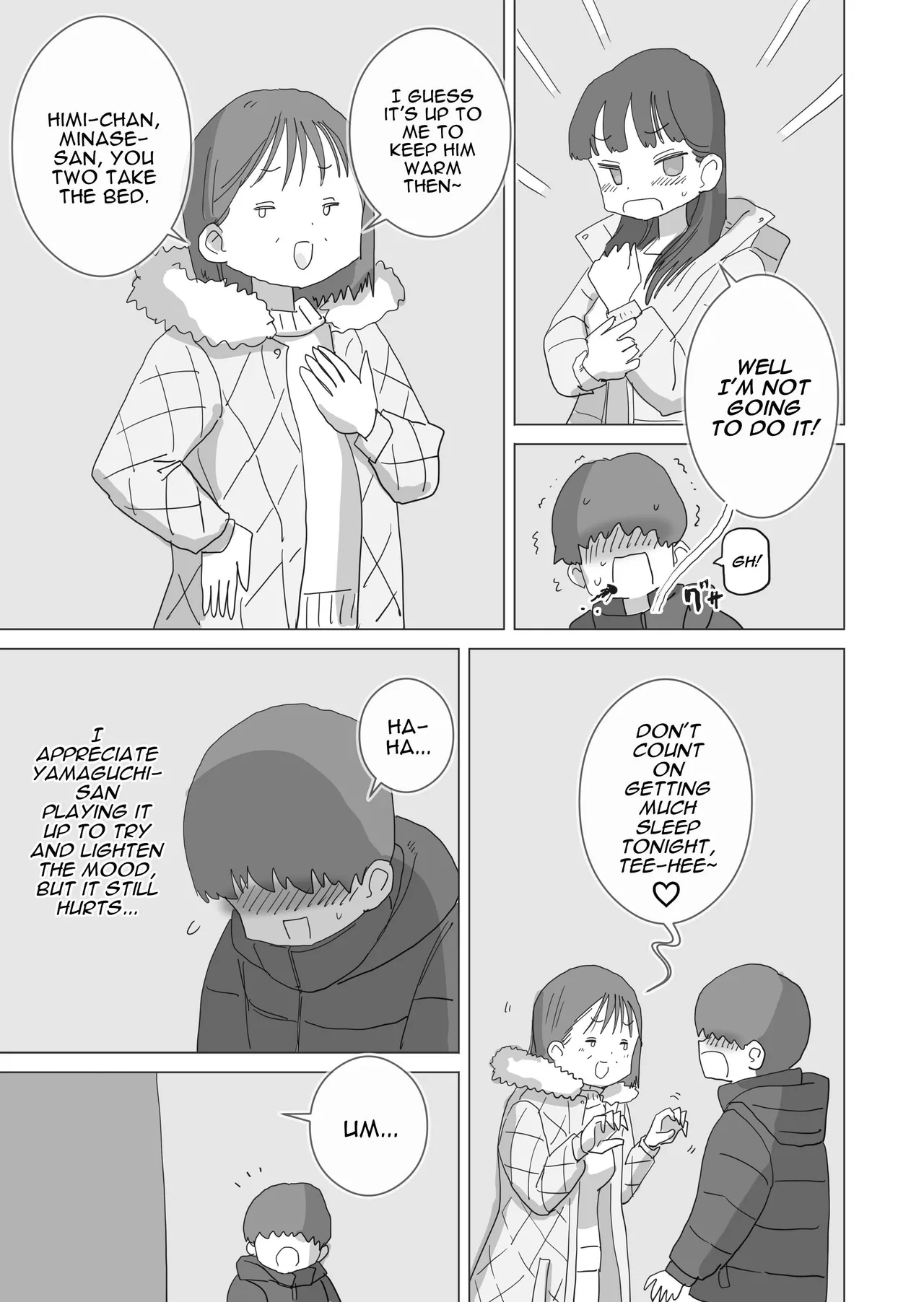 [Hiyashi Makura] Aru Ooyuki no Tsumetai Yoru Boku no Ie no Futon no Naka de Beit-saki no Onnanoko-tachi ga Naisho de Micchaku Atatame Ecchi Shite Kureta. | One Cold Snowy Night, My Colleague Secretly Had Intimate Warm-up Sex With Me Under The Bed Sheets. [English] [Darg777 Translations] - Page 12