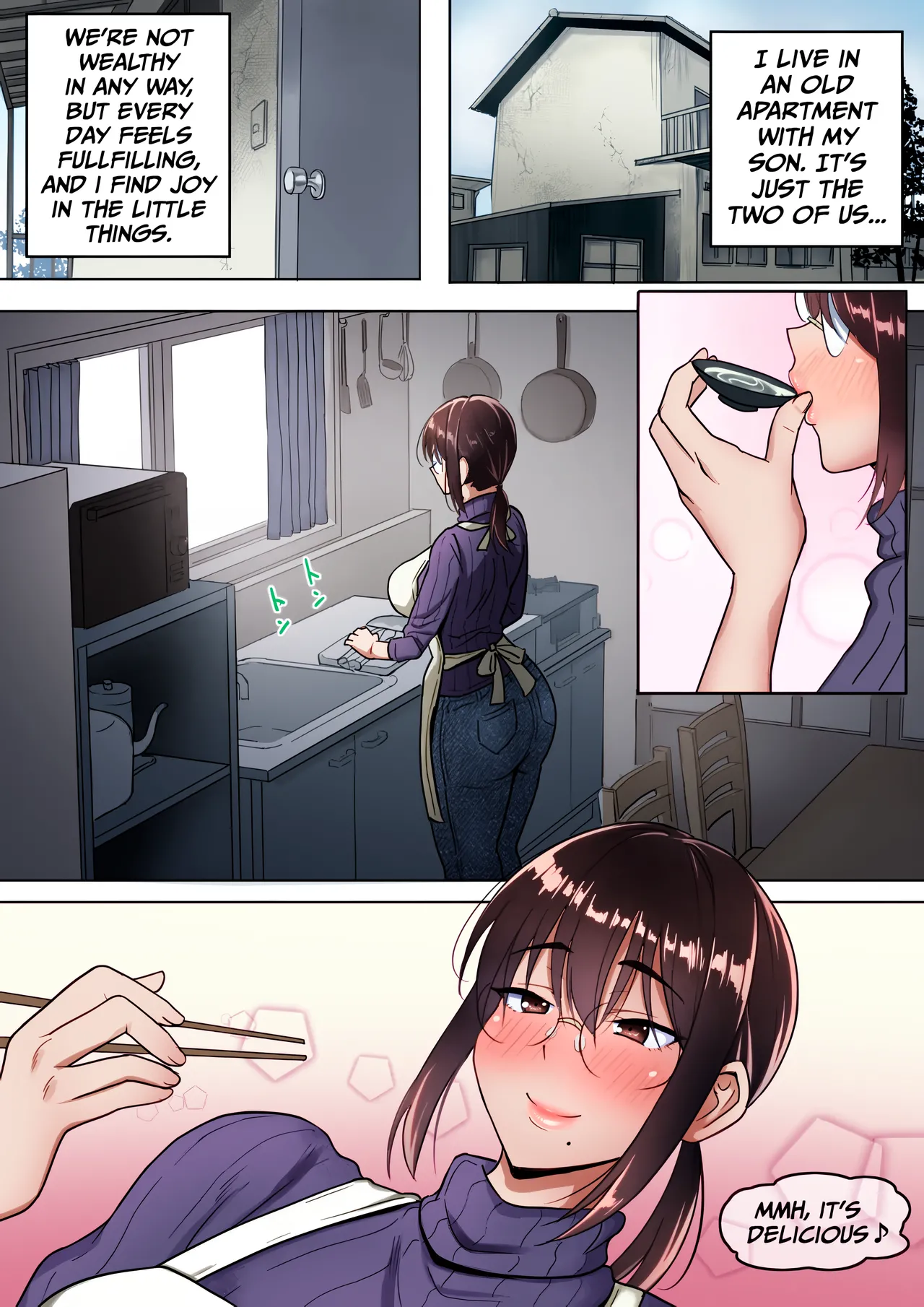 Page 2 of [Hot Mikan (Kishimen)] Binbou Gurashi na Boshi Katei no Oyako Koubi wa Kimochi Ii. | Mother & Son Bonding in a Poor Single-Parent Household Feels Good [English] [Colorize]